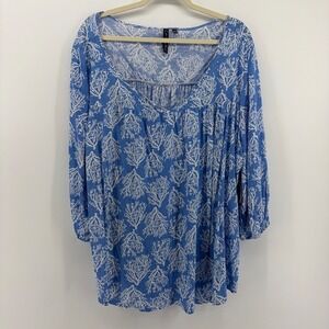 Casey Key Women's Blue White Coral Print V Neck Gathered Blouse Top Plus Size 2X